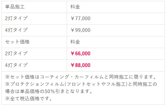 ヘッドライトとテールランプのスモークフィルムの料金表
