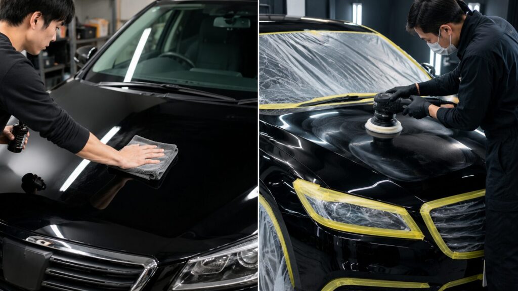 - ガラスコーティング剤通販ブログ Two auto detailers work on a black car: one wipes the hood with a cloth, the other polishes the surface with a machine polisher.