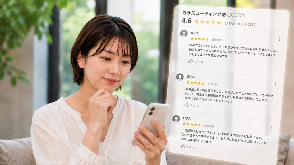 最強のガラスコーティング剤を見つけるために口コミを見ている様子