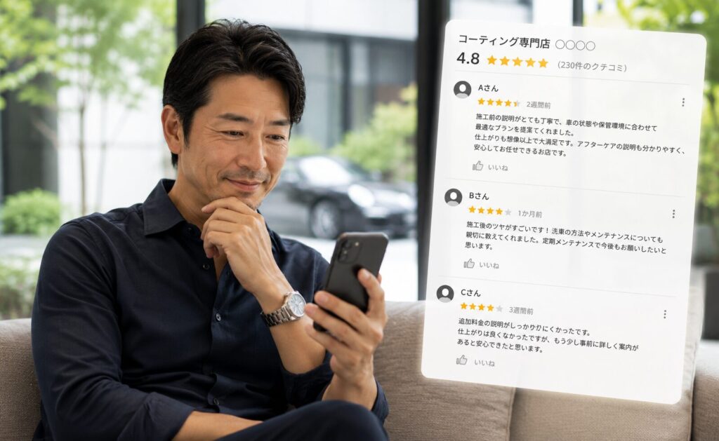 コーティング専門円の口コミをチェックしている様子 - ガラスコーティング剤通販ブログ コーティング専門円の口コミをチェックしている様子