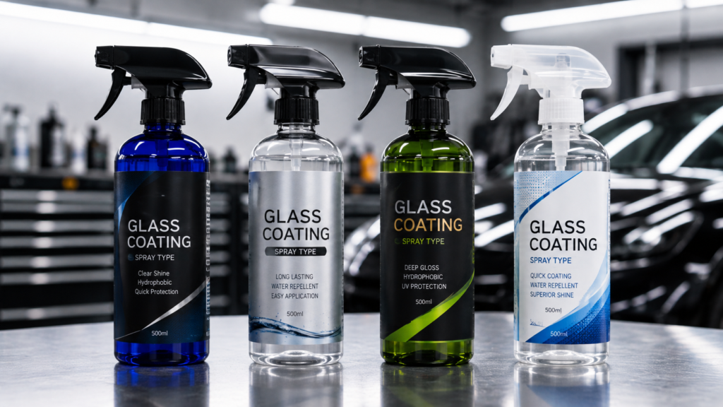 スプレー式ガラスコーティング剤の主な種類 - ガラスコーティング剤通販ブログ さまざまなスプレータイプの商品を並べた様子