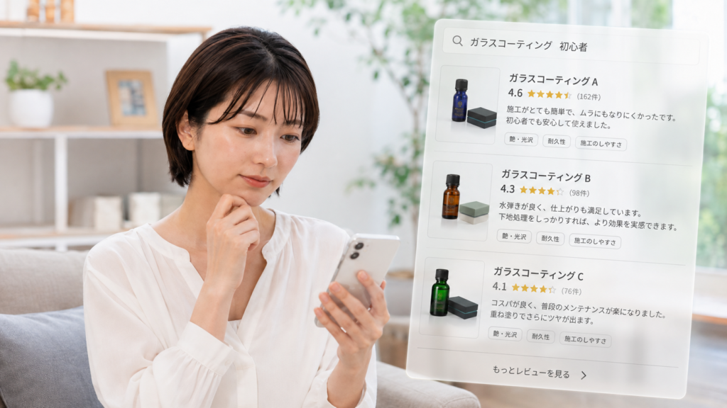 初心者はガラスコーティングはしない方が良いって本当? - ガラスコーティング剤通販ブログ DIY用ガラスコーティング剤の購入で迷っている様子
